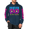 Navy blue 'FOREVER 99' donut graphic hoodie with 'DAKUM' sleeve prints, youth fashion
