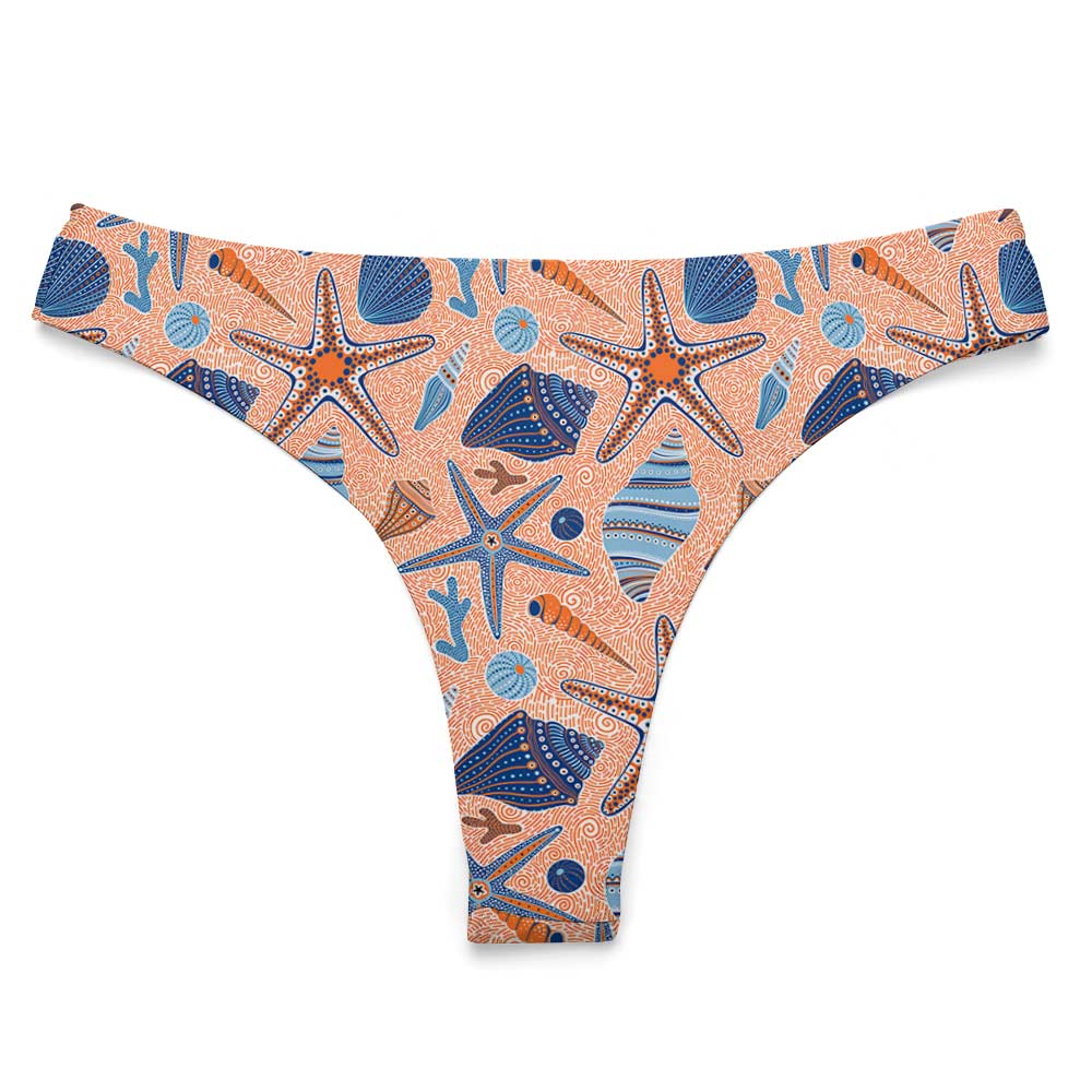 Peach thong panties with blue starfish pattern, comfortable polyester spandex blend for women