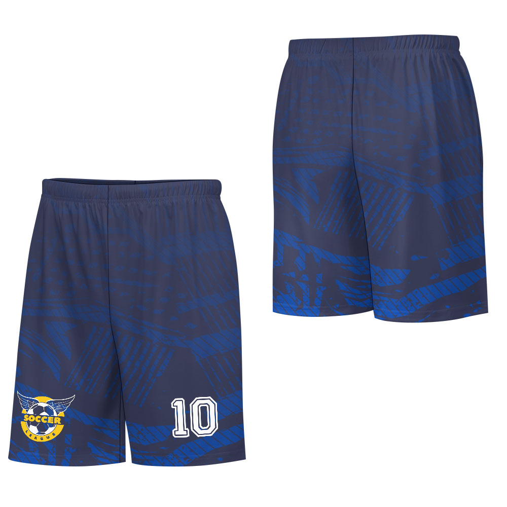 Navy blue football shorts with "10" design. Mesh fabric for sports. Comfortable fit.