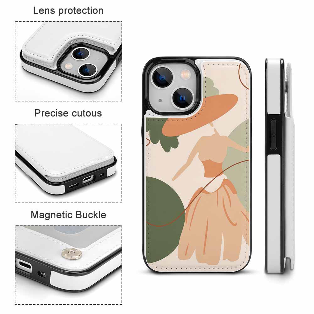 iPhone 13 case with abstract art design, featuring a card slot, shockproof protection, and magnetic buckle.