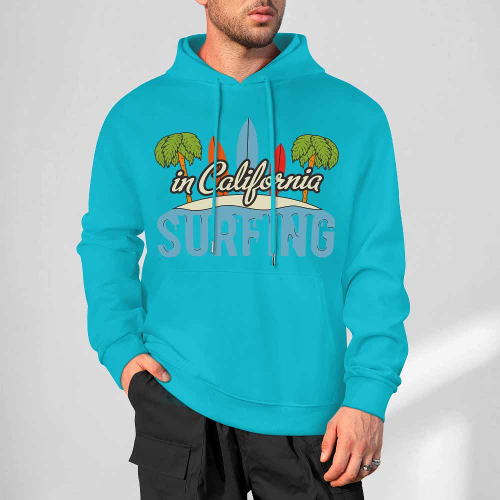 Turquoise blue cotton CALIFORNIA SURFING hoodie, loose fit, suitable for daily wear.