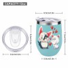 Teal stainless steel insulated cup featuring cat and penguin design, hearts, spill-proof lid, and dimensions. 12oz capacity.