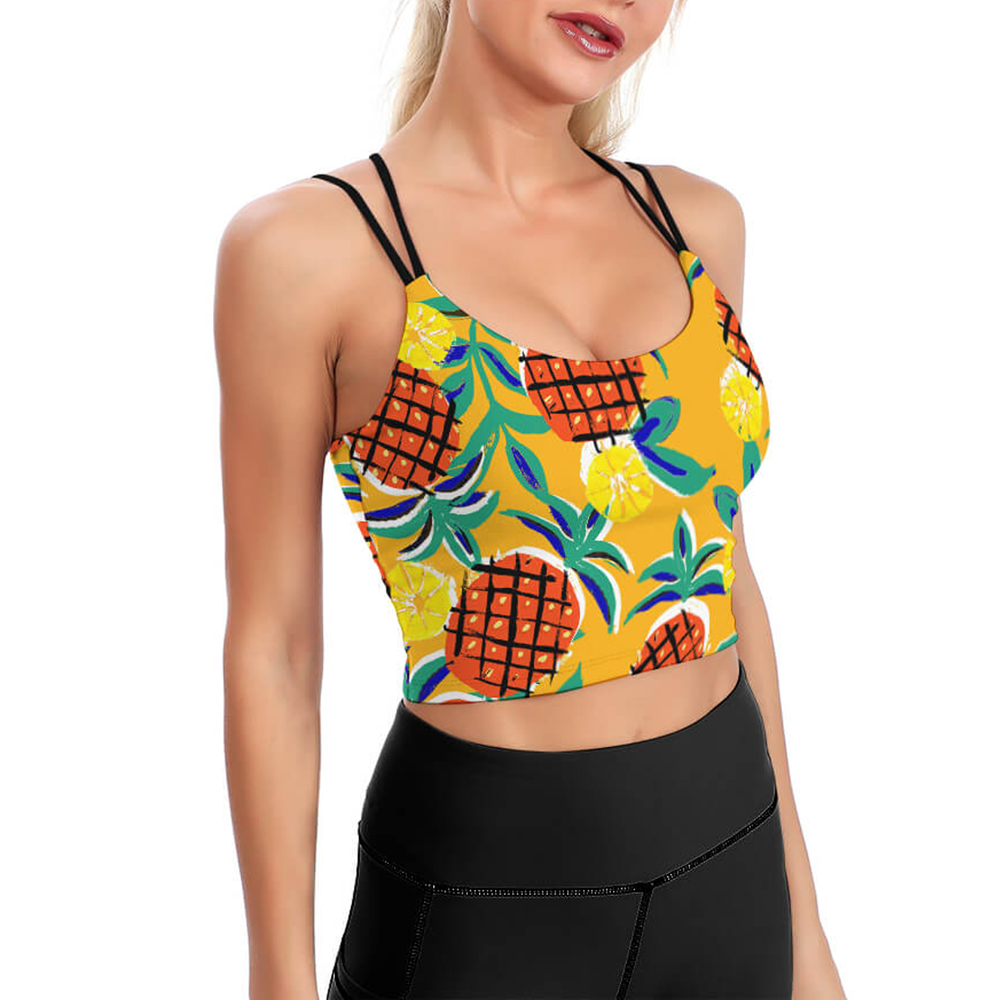 Yellow pineapple print cropped yoga top for women