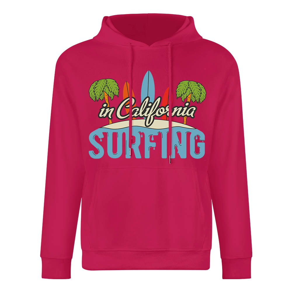 Hot pink California Surfing hoodie, cotton blend, loose fit, suitable for daily wear.
