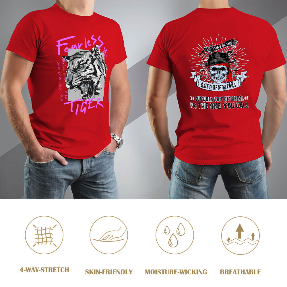 Red cotton 'Fearless Tiger' graphic t-shirt, front and back view, collection