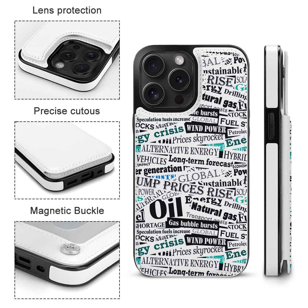 iPhone 15 Case with text print design, TPU leather, card slot, full protection
