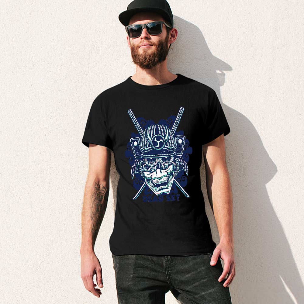 Black cotton men's T-shirt with blue samurai skull design, perfect for leisure and events.
