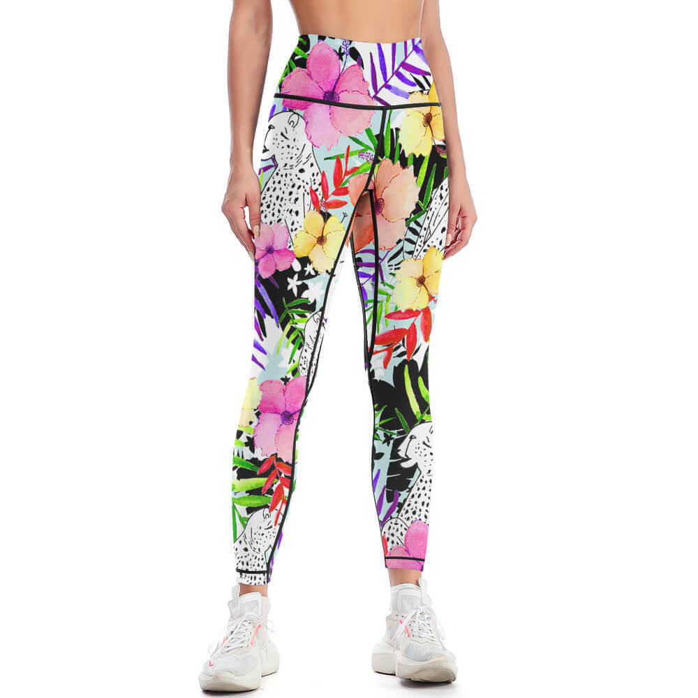 Women's Comfort Sports Yoga Pants with floral print, High-waisted, four-way stretch.