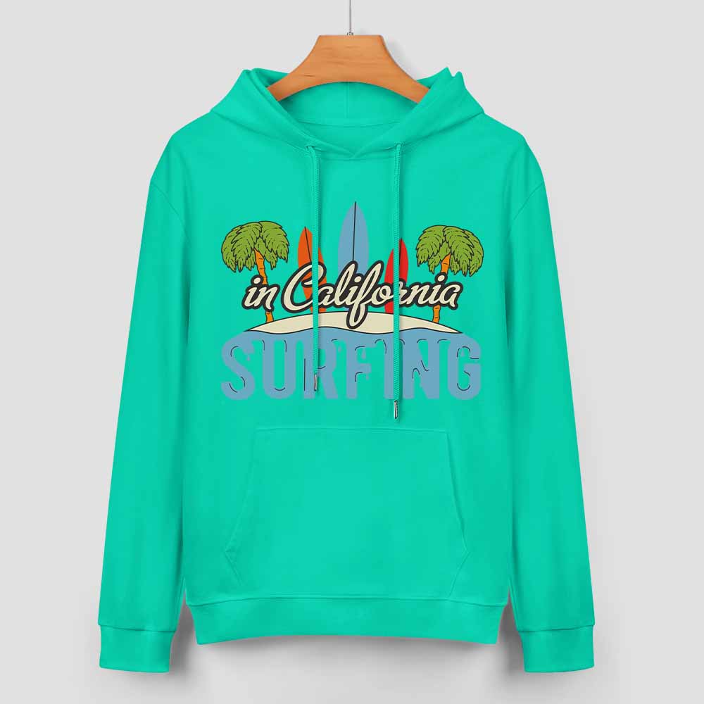 Green cotton California Surfing hoodie, loose fit, suitable for daily wear.