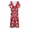 Short-sleeved V-neck dress in milk fiber, featuring a unique red pattern, suitable for various occasions.