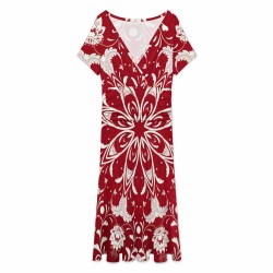 Short-sleeved V-neck dress in milk fiber, featuring a unique red pattern, suitable for various occasions.