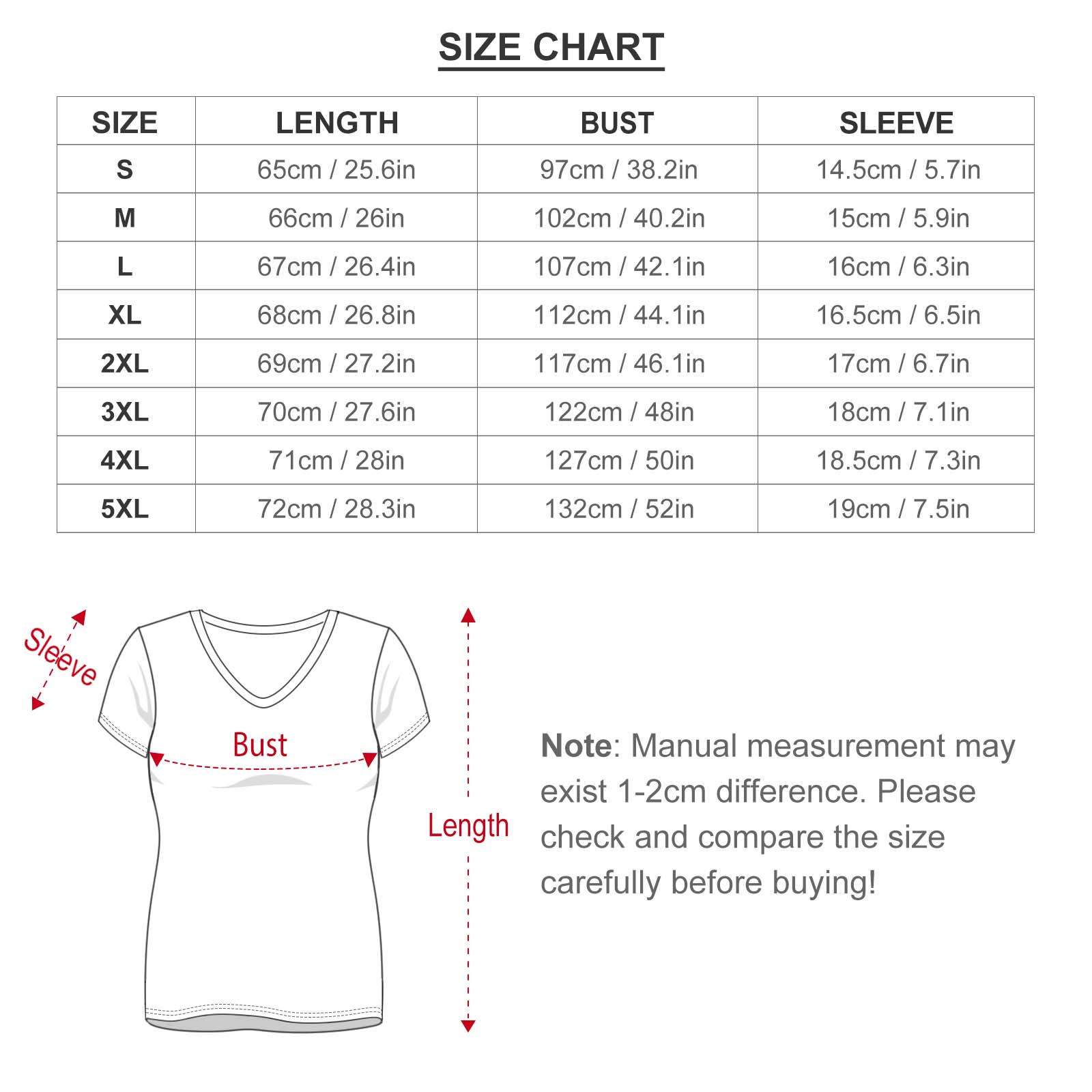 V-neck T-shirt size chart. Includes length, bust, and sleeve measurements for various sizes.