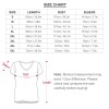 V-neck T-shirt size chart. Includes length, bust, and sleeve measurements for various sizes.