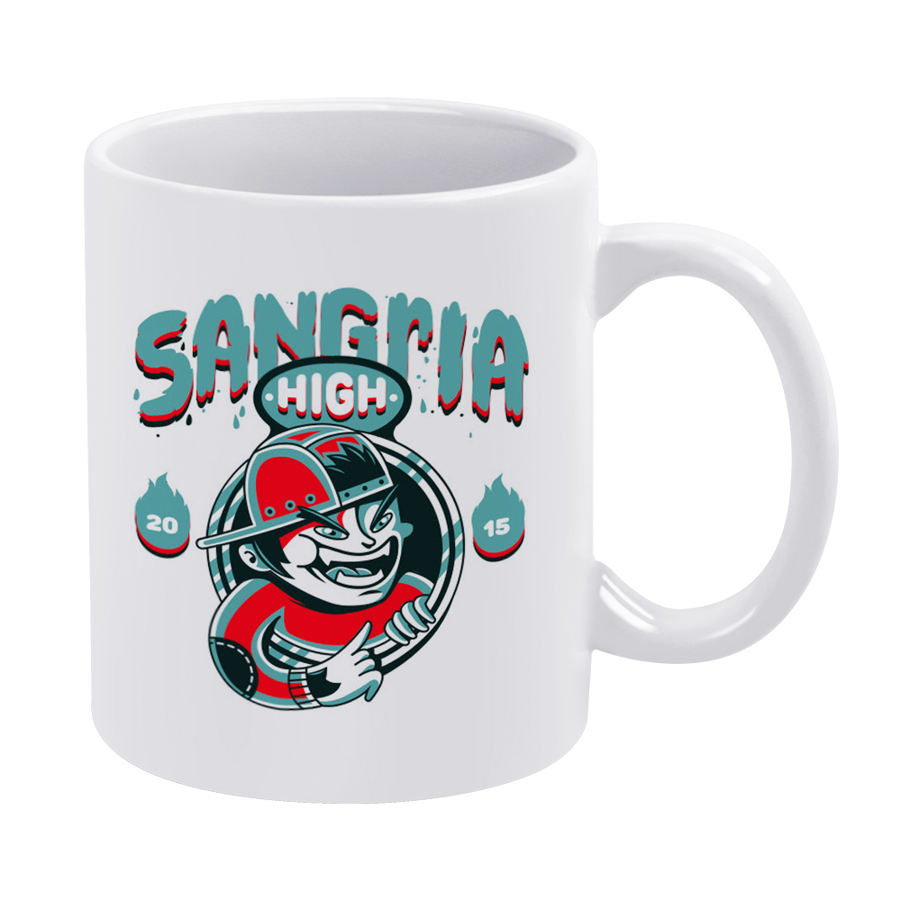 White ceramic mug with "SANGRIA HIGH" design, perfect for coffee shop or home use, made of high-quality ceramic.
