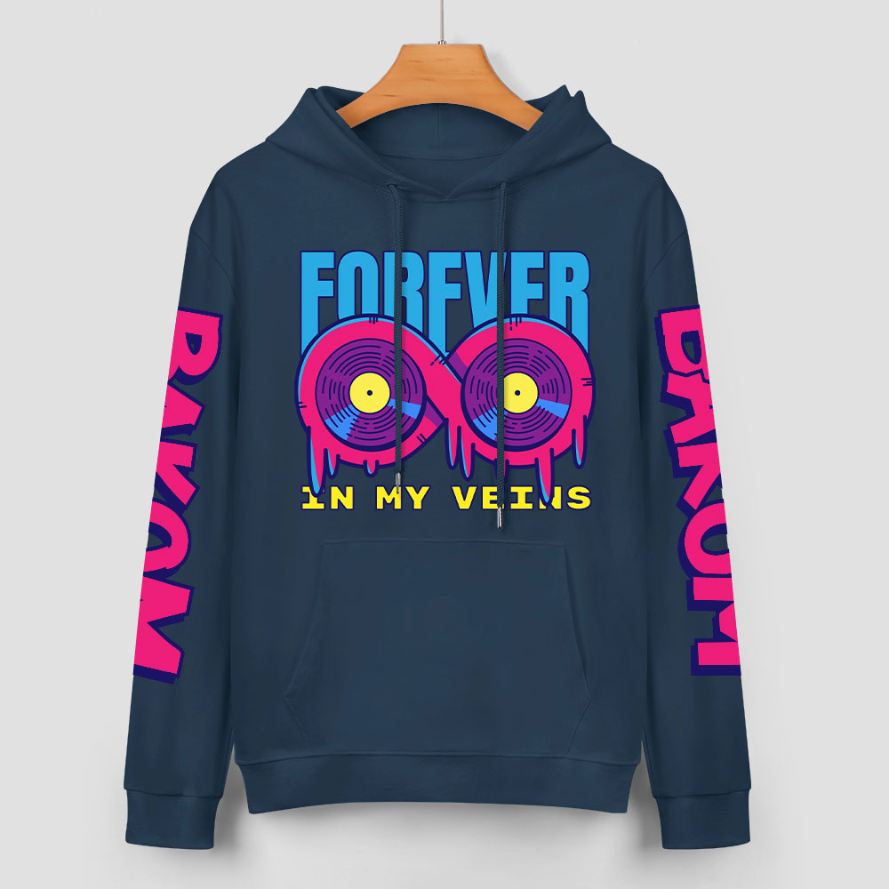 Navy blue cotton hoodie with 'FOREVER' donut graphic, DAKUM and CHRONM sleeve prints, youth fashion style