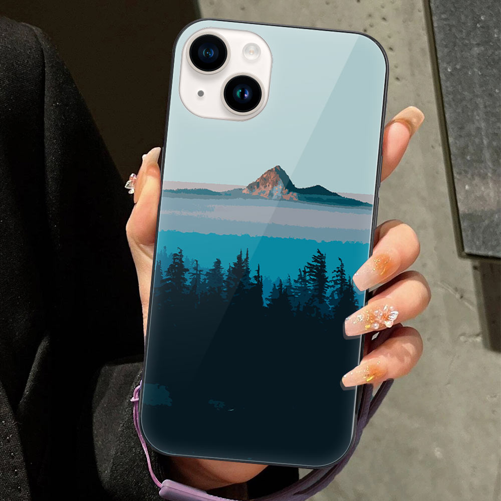 iPhone 14 glass case with mountain and water landscape design, combining protection and style