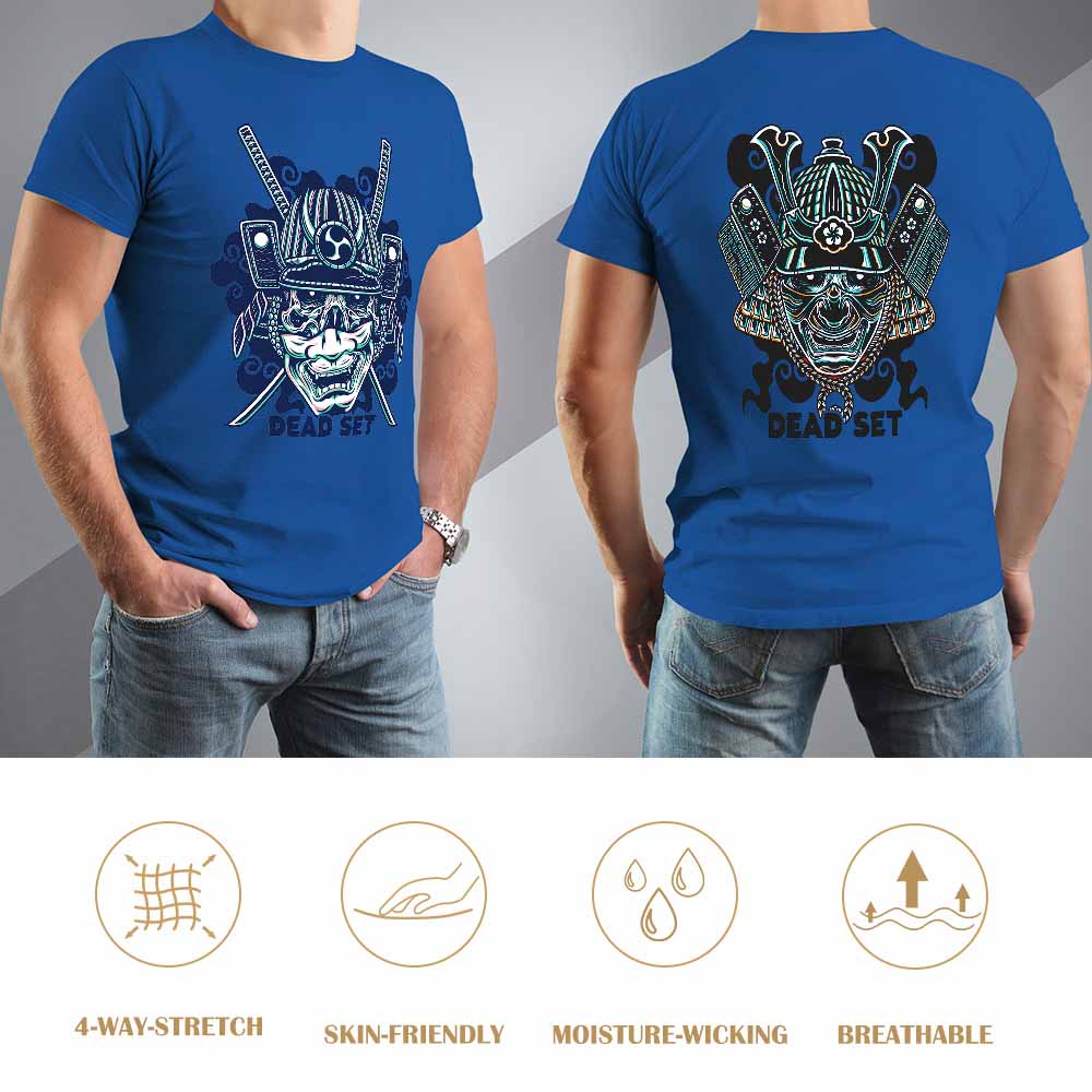 Royal blue cotton men's T-shirt with samurai skull design, perfect for leisure and events. 100% cotton.