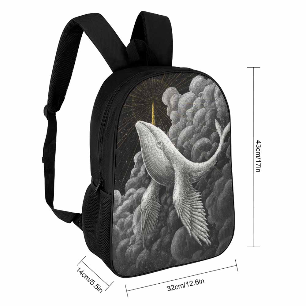 Black 17-inch shoulder backpack featuring a whale illustration, made of durable 600D polyester.