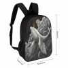 Black 17-inch shoulder backpack featuring a whale illustration, made of durable 600D polyester.