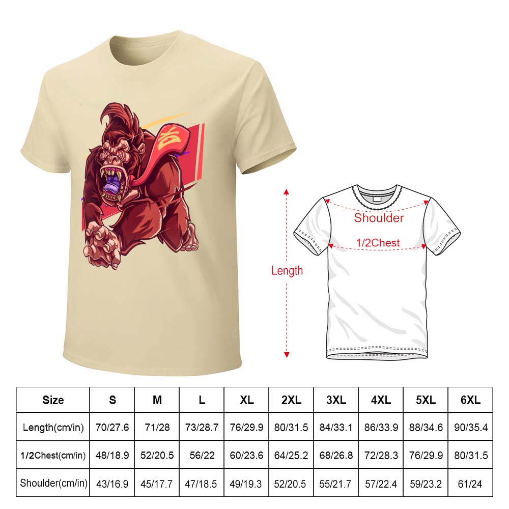 Beige men's cotton t-shirt with red monster graphic print and size chart | Inkedjoy