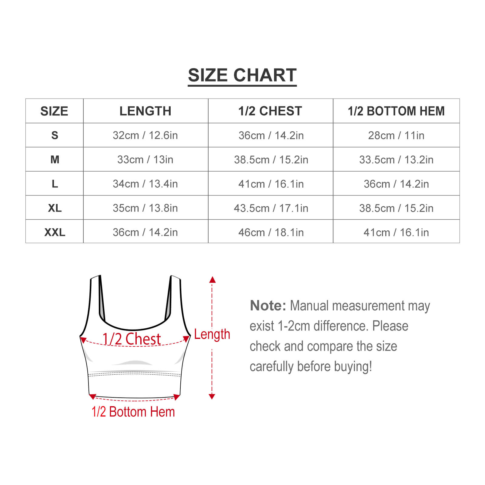 Size chart for women's orange texture sports bra, including length, bust, and bottom hem measurements.