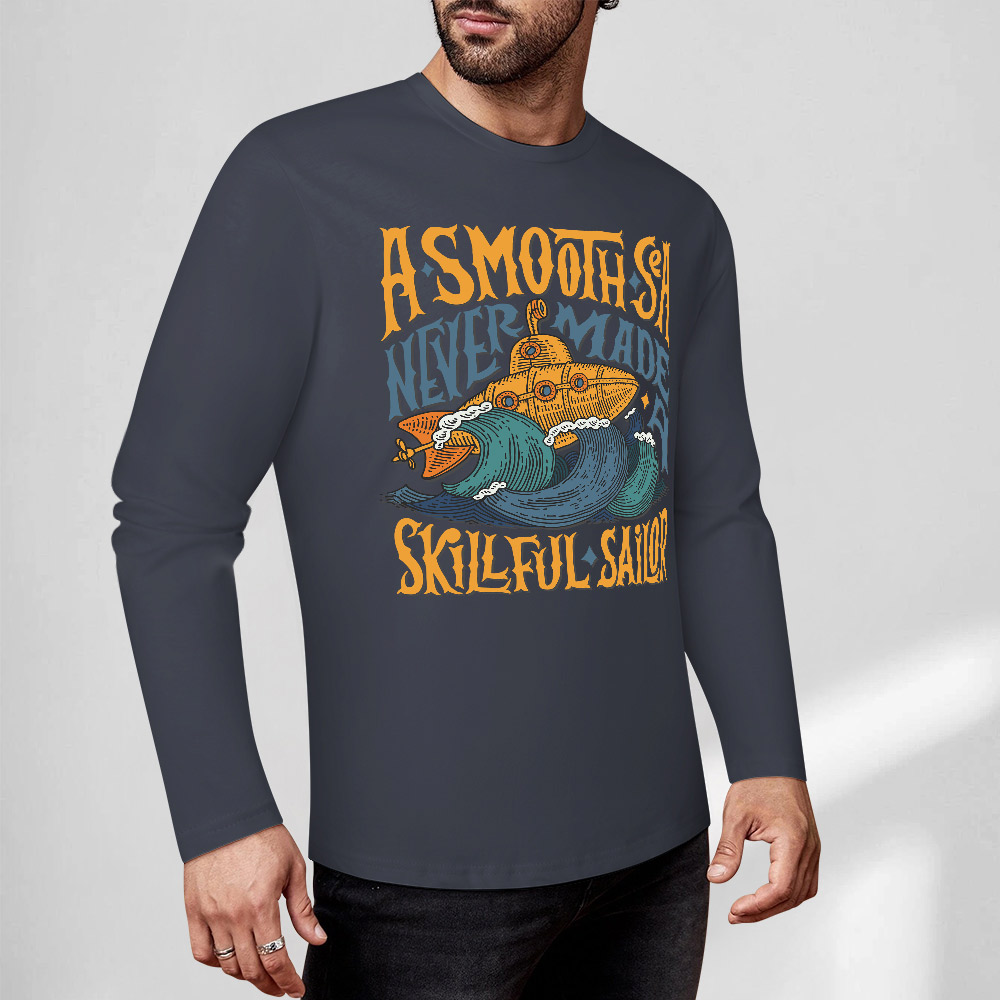 Dark blue pure cotton long sleeve T-shirt with 'ASMOOTH ARE MADE OF SOULFULLY' graphic design, casual wear.
