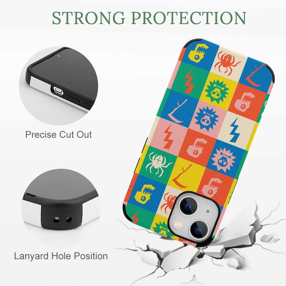 iPhone 13 fiber skin case with colorful geometric pattern, strong protection and precise cutouts.