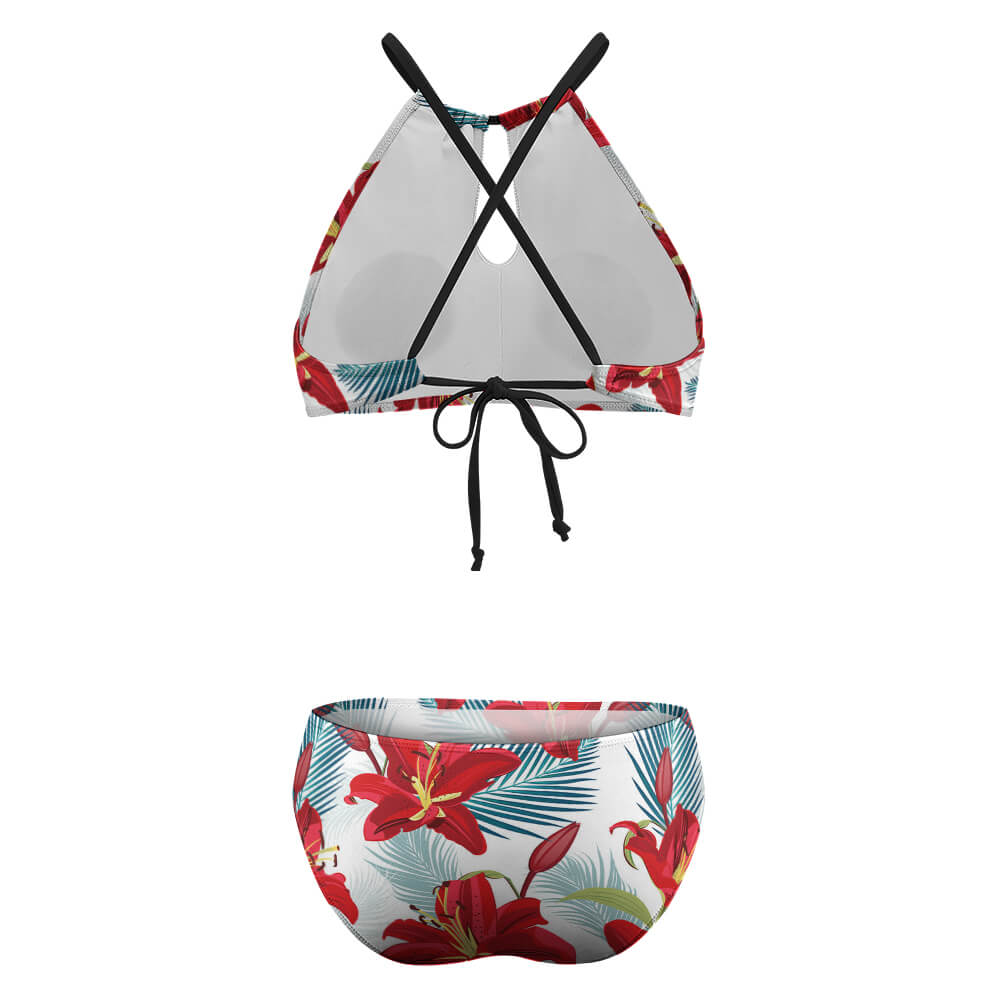 Red & white floral bikini swimsuit, halter top, summer beach wear, polyester spandex