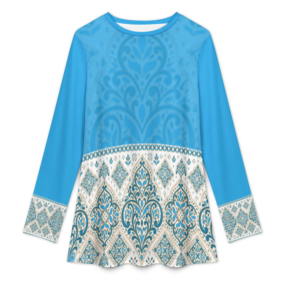Muslim round neck long sleeved shirt in light blue with printed pattern, made of imitation cotton