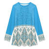 Muslim round neck long sleeved shirt in light blue with printed pattern, made of imitation cotton