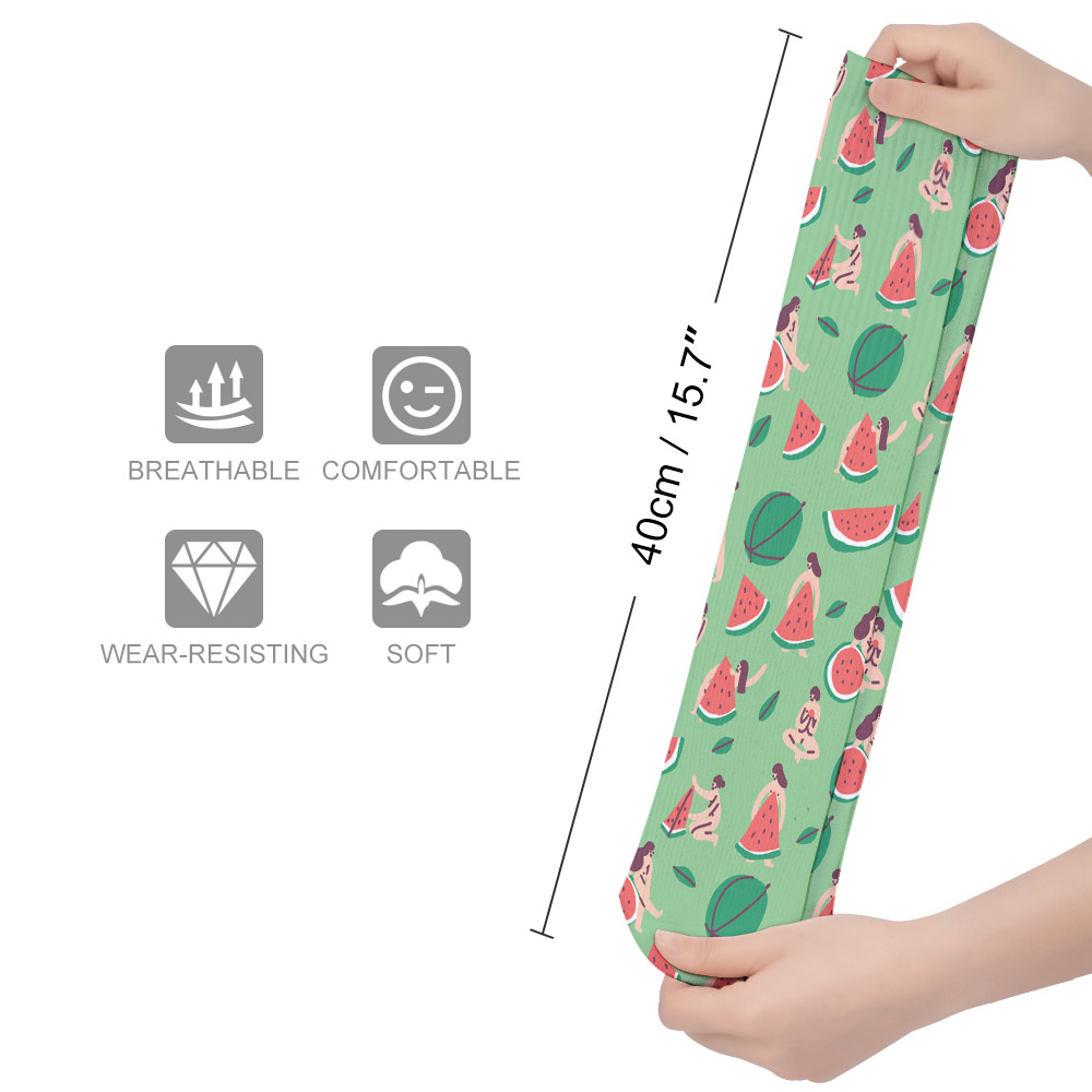 Breathable stockings with a green watermelon pattern, moisture-wicking and comfortable, 40cm in length.
