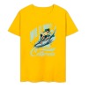 Yellow cotton short-sleeved T-shirt with surfing print for men, Wild Wave California graphic, summer fashion.