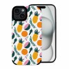 iPhone 15 fiber skin case with vibrant pineapple and fruit pattern, showcasing protection.