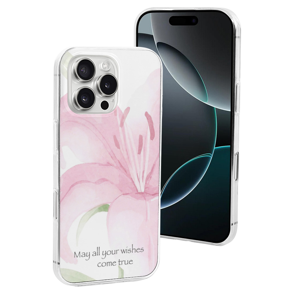 iPhone 16 pink floral case with "May all your wishes come true" and screen protector