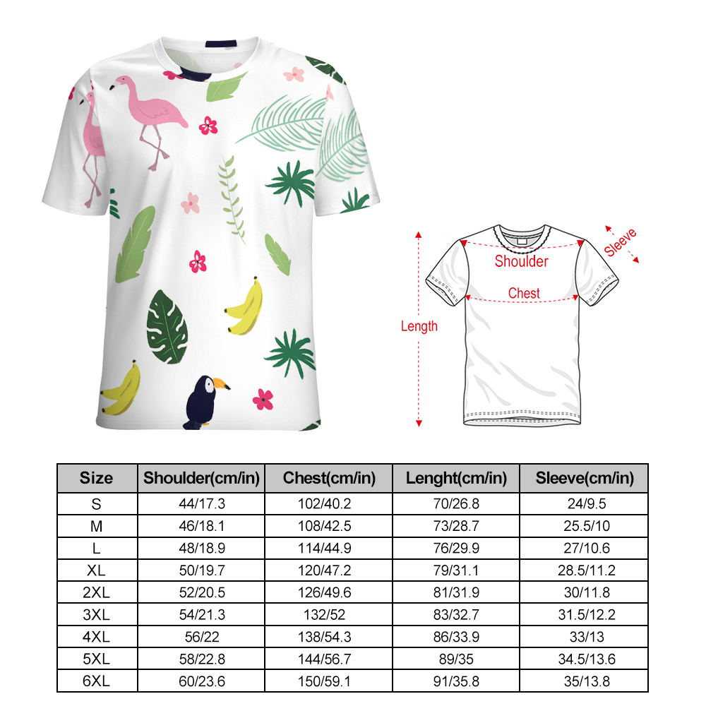 Women's print t-shirt with flamingo and tropical leaf pattern, size chart included.