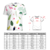 Women's print t-shirt with flamingo and tropical leaf pattern, size chart included.