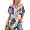 Women's V-neck shirt, leaf print, 90%Polyester+10% Spandex, casual wear.