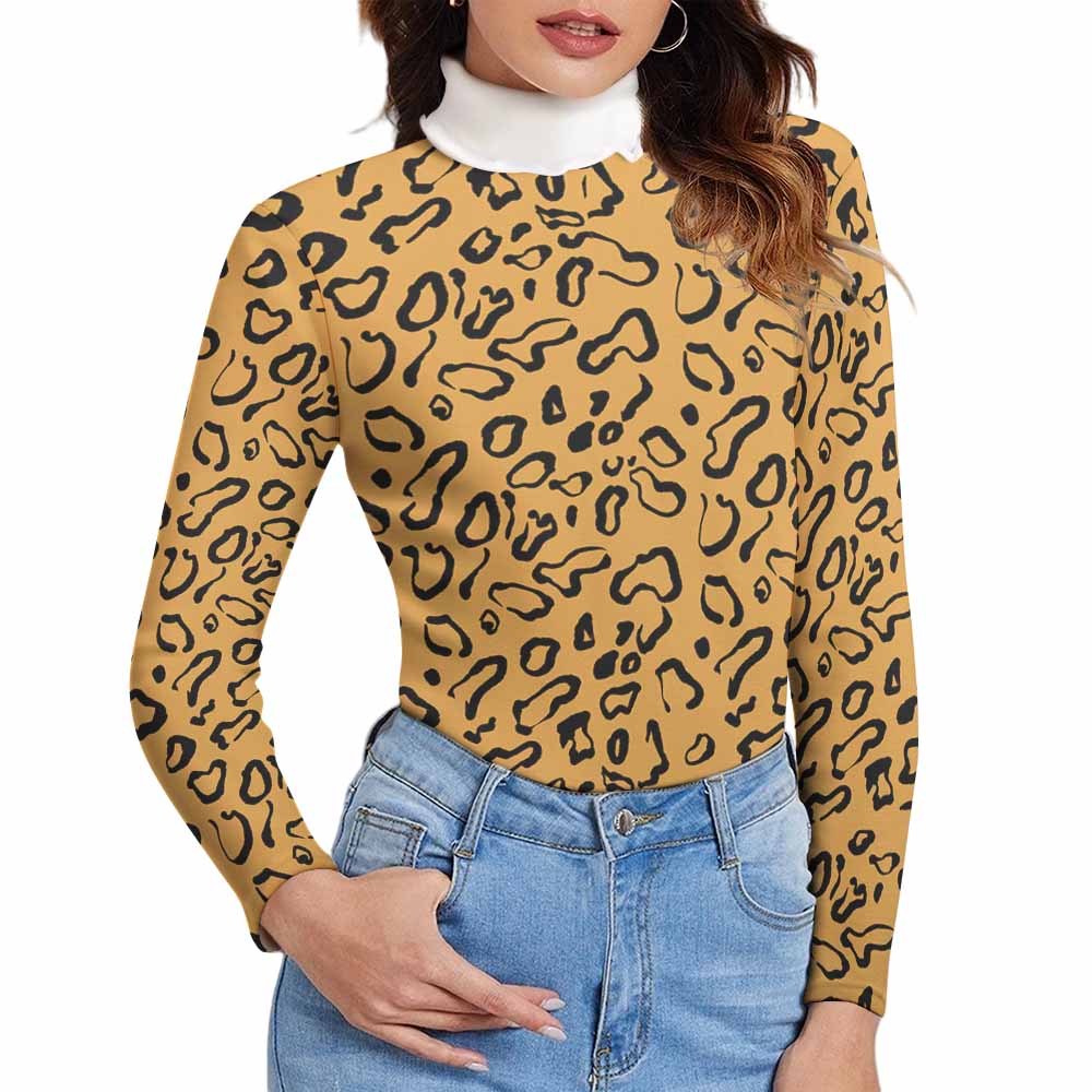 Women's Long Sleeve Lapel Sweater in leopard print, featuring a white turtleneck, perfect for winter fashion.