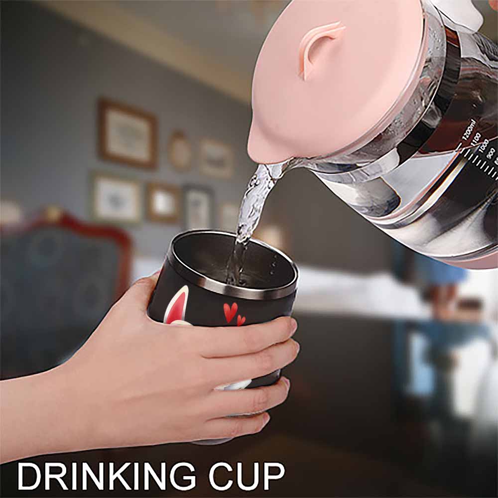 Stainless steel insulated cup being filled with liquid, spill-proof lid, Inkedjoy product, drink cup