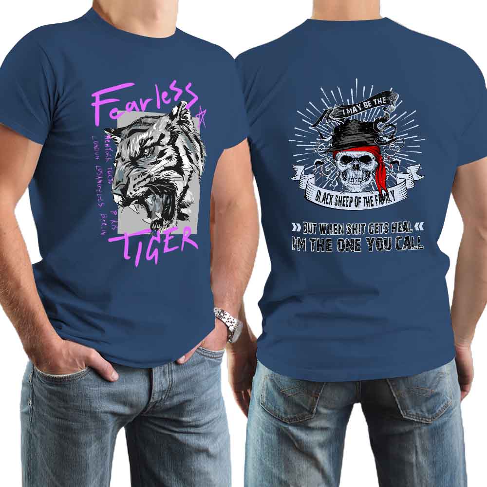 Dark blue 100% cotton men's Fearless Tiger graphic T-shirt, front and back view, collection