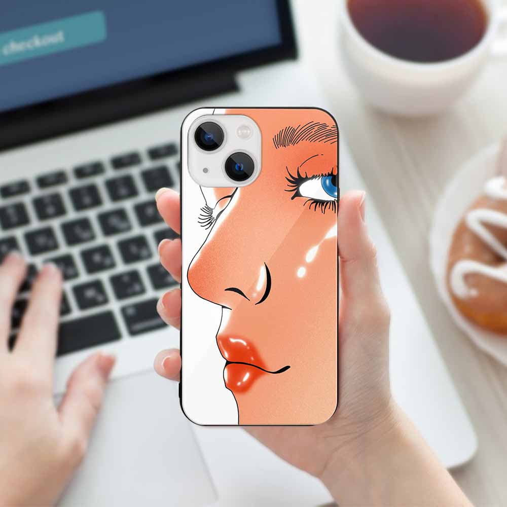 iPhone 13 glass case with face art design, glass back, scratch-resistant, wireless charging support