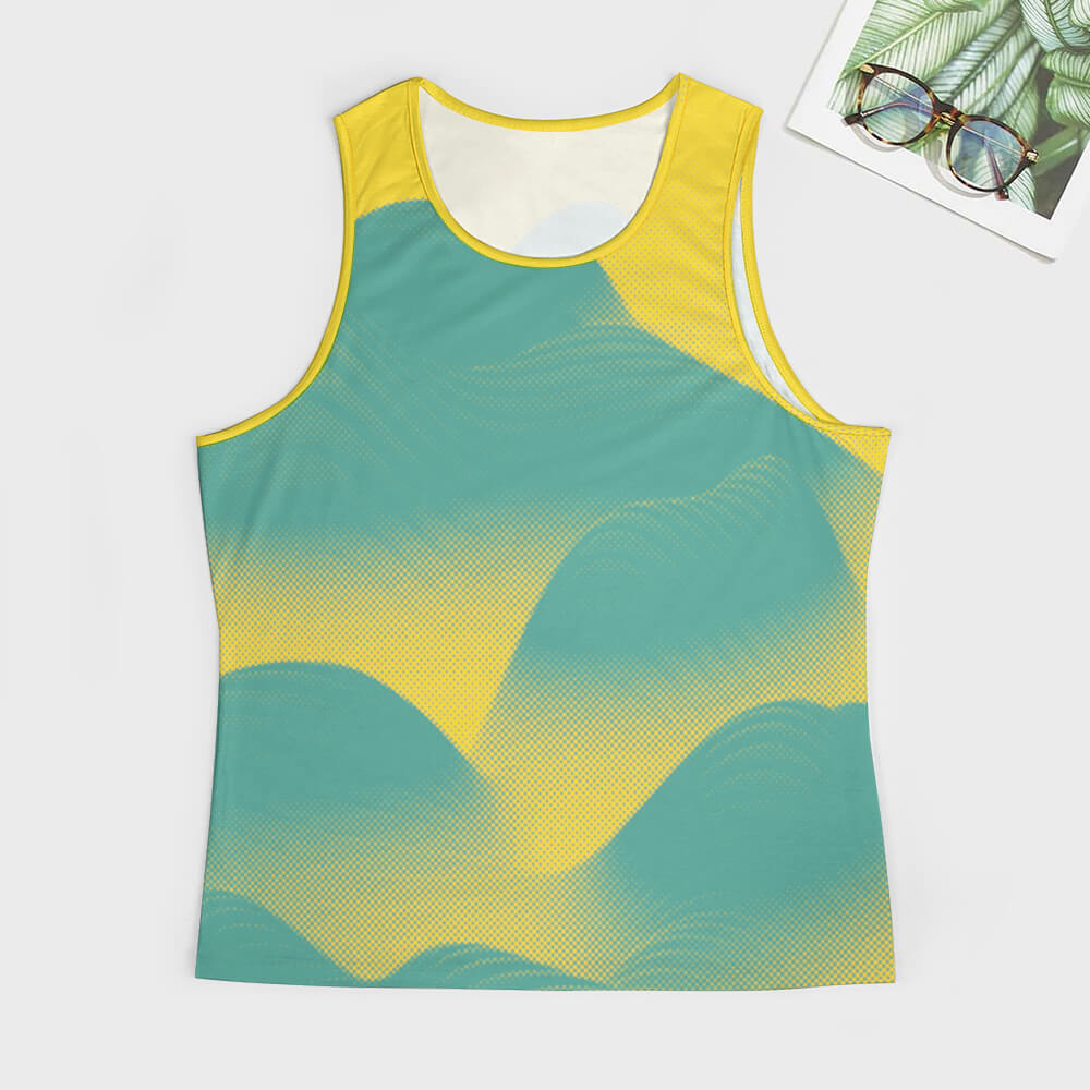 Men's full print teal and yellow vest made of imitation cotton, perfect for summer wear.