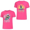 Pink pure cotton short sleeve T-shirt with surfing print, front and back view, California and Catch the Wave.
