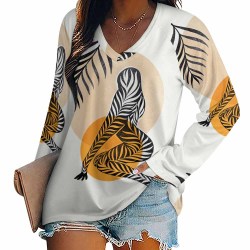 Women's V-neck long sleeve tee, featuring a unique art print, made of polyester and spandex