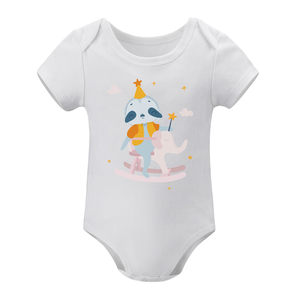 White short-sleeve baby bodysuit with colorful animal design, made of soft cotton for babies 3-24 months.