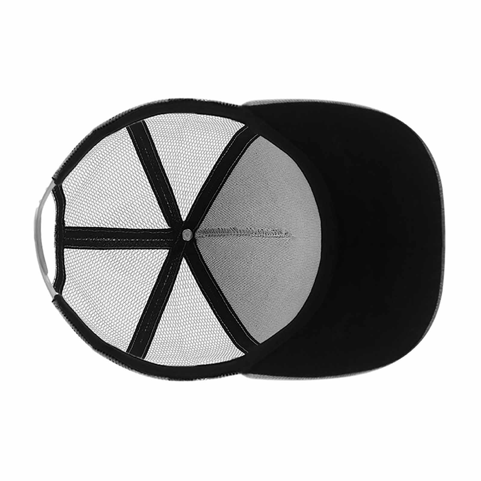 Black baseball cap interior view, showcasing the structure, mesh back and breathability.