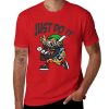 Red 100% cotton men's T-shirt with 'Just Do It' graphic and cartoon baseball player design, breathable.