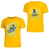 Yellow pure cotton short-sleeved T-shirt with surfing print, front and back view, 2025 summer fashion.
