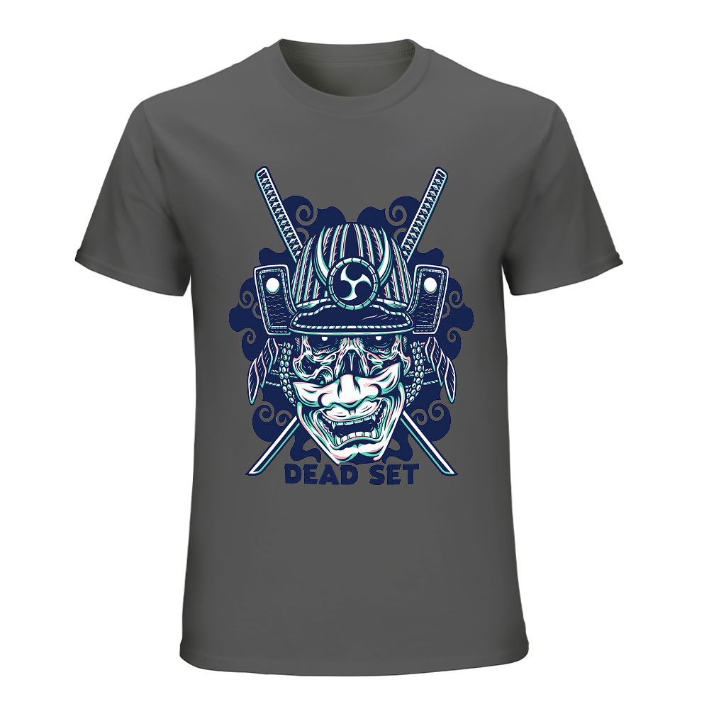 Dark gray cotton men's samurai skull T-shirt. 100% cotton, perfect for leisure and events.