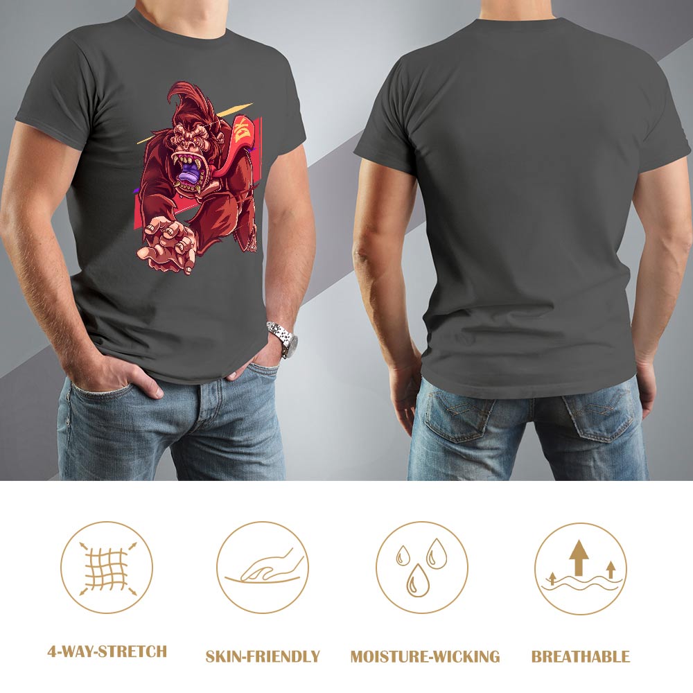 Men's charcoal cotton t-shirt with red monster graphic print, front and back view, Inkedjoy